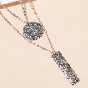 Bohemian floral engraved silver layered necklace medallion and bar adjustable